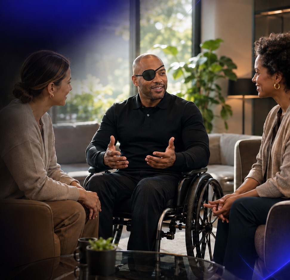 A wheelchair user in conversation with two people in a bright living room